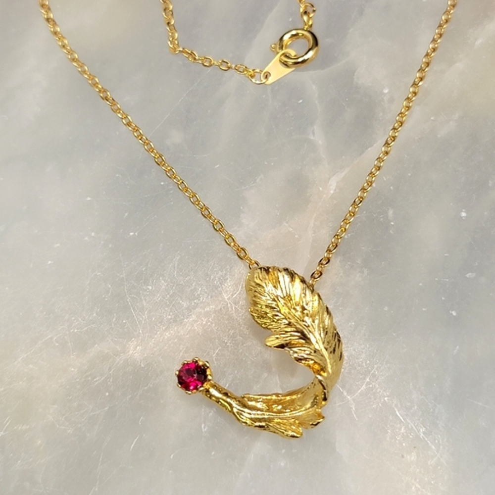 Vintage Gold Angel Feather July Ruby Necklace Vernon Wilson by Roman Inc.